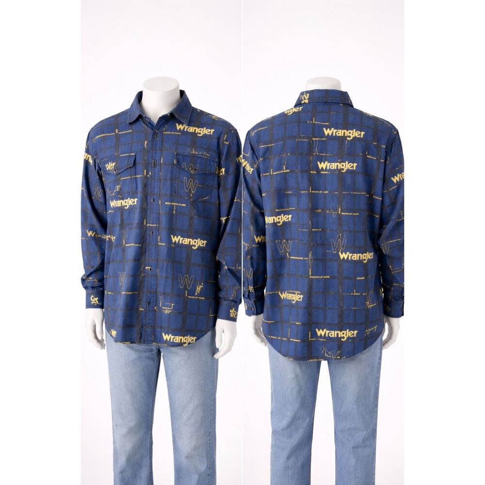 Wrangler Rodeo All Over Logo Western Shirt Men’s Large Blue Yellow Snap ranch